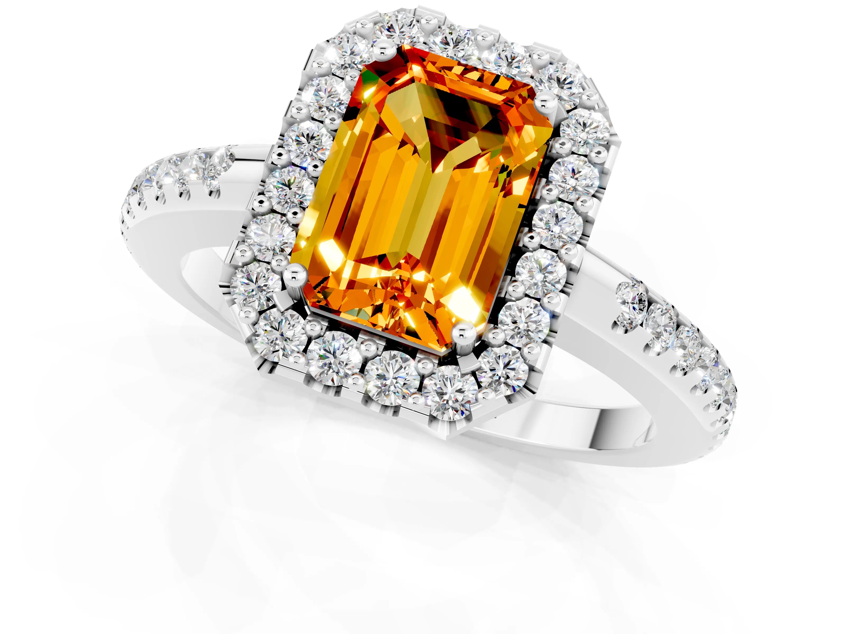 White gold Emerald Cut Citrine Pavé Halo Ring with Four-Prong Setting_13