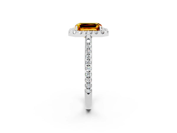 Platinum Emerald Cut Citrine Pavé Halo Ring with Four-Prong Setting