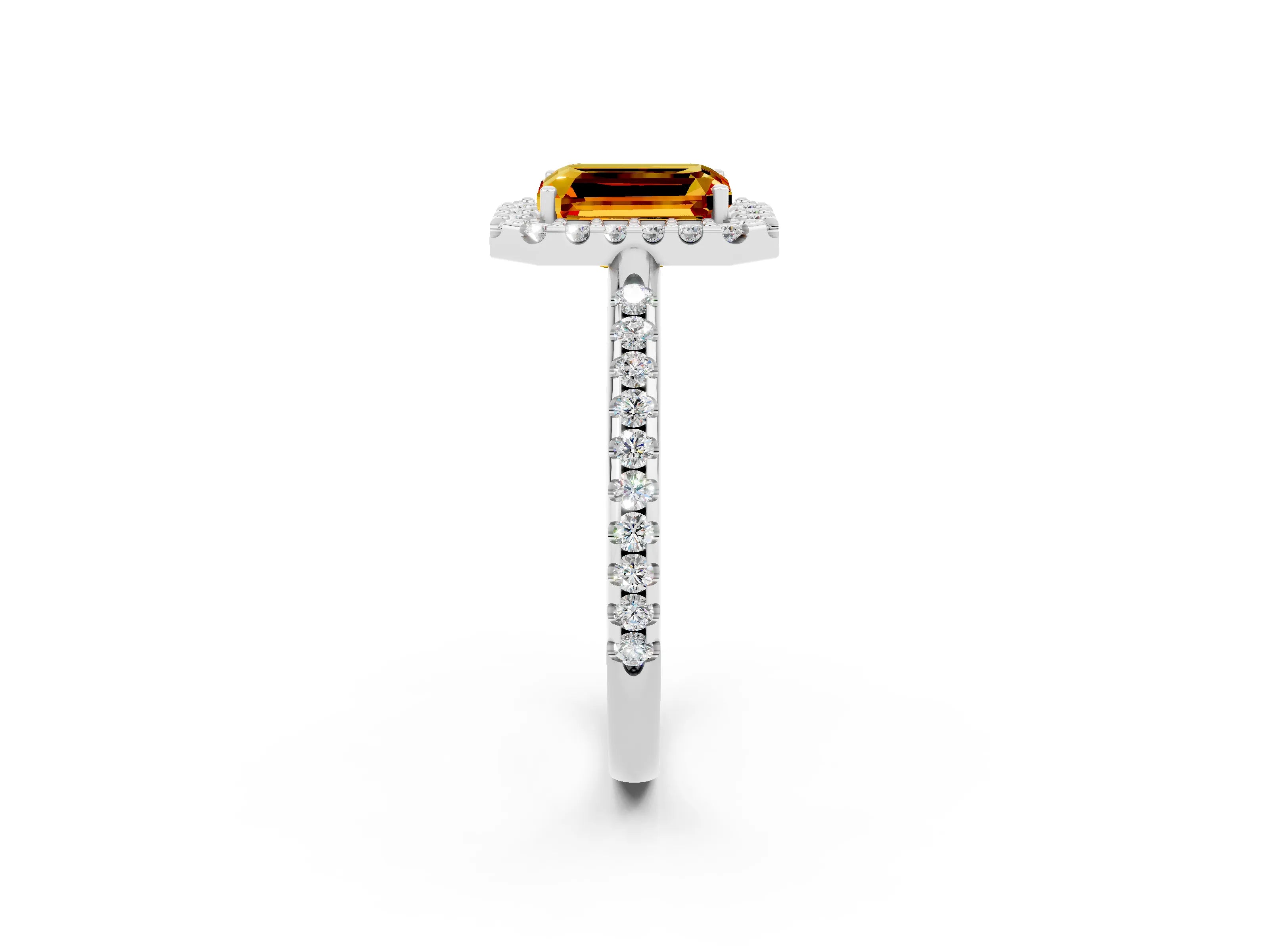 White gold Emerald Cut Citrine Pavé Halo Ring with Four-Prong Setting_14