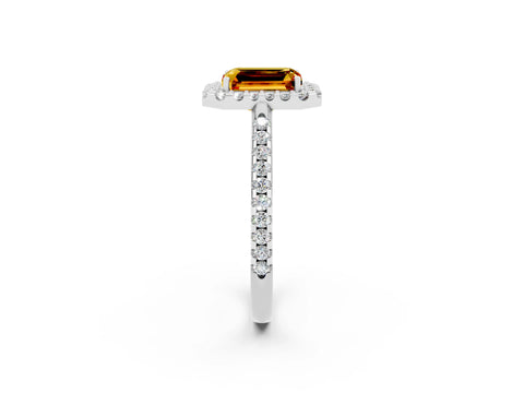 White gold Emerald Cut Citrine Pavé Halo Ring with Four-Prong Setting_14