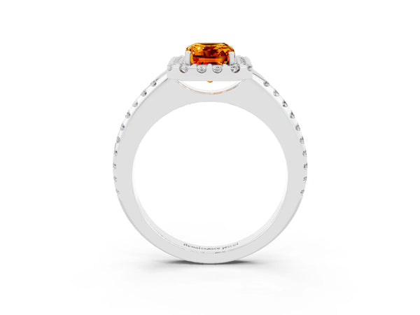 White gold Emerald Cut Citrine Pavé Halo Ring with Four-Prong Setting