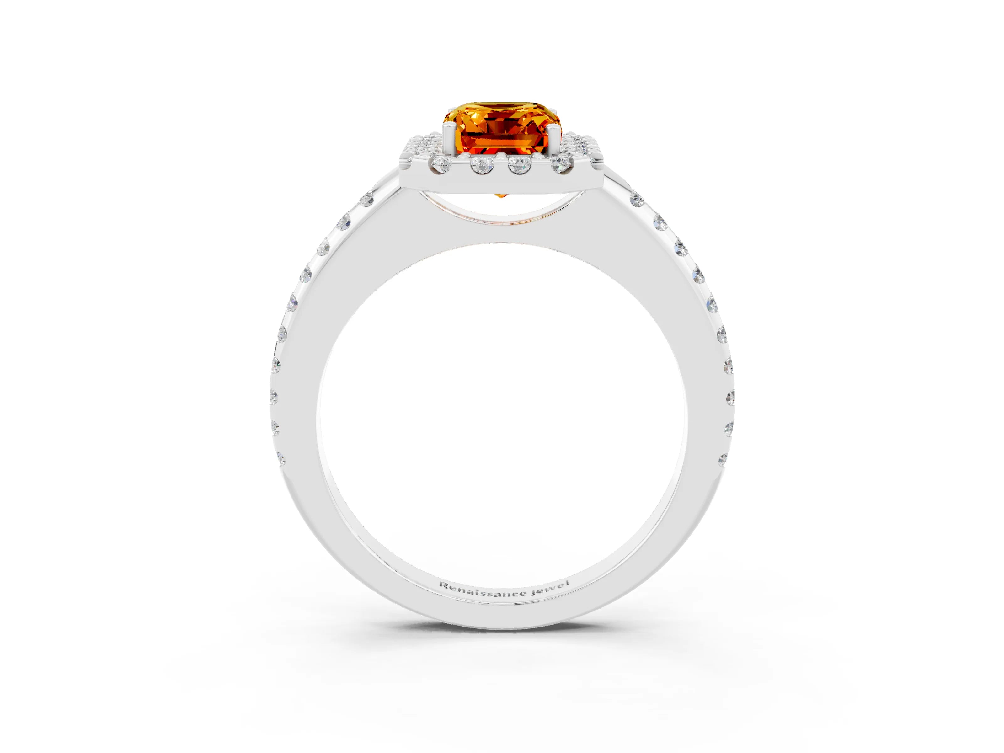 White gold Emerald Cut Citrine Pavé Halo Ring with Four-Prong Setting_15