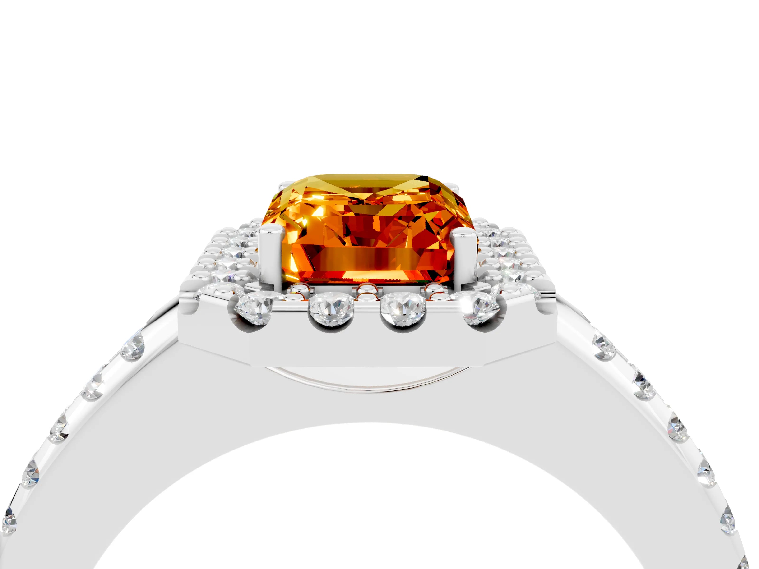 White gold Emerald Cut Citrine Pavé Halo Ring with Four-Prong Setting_16