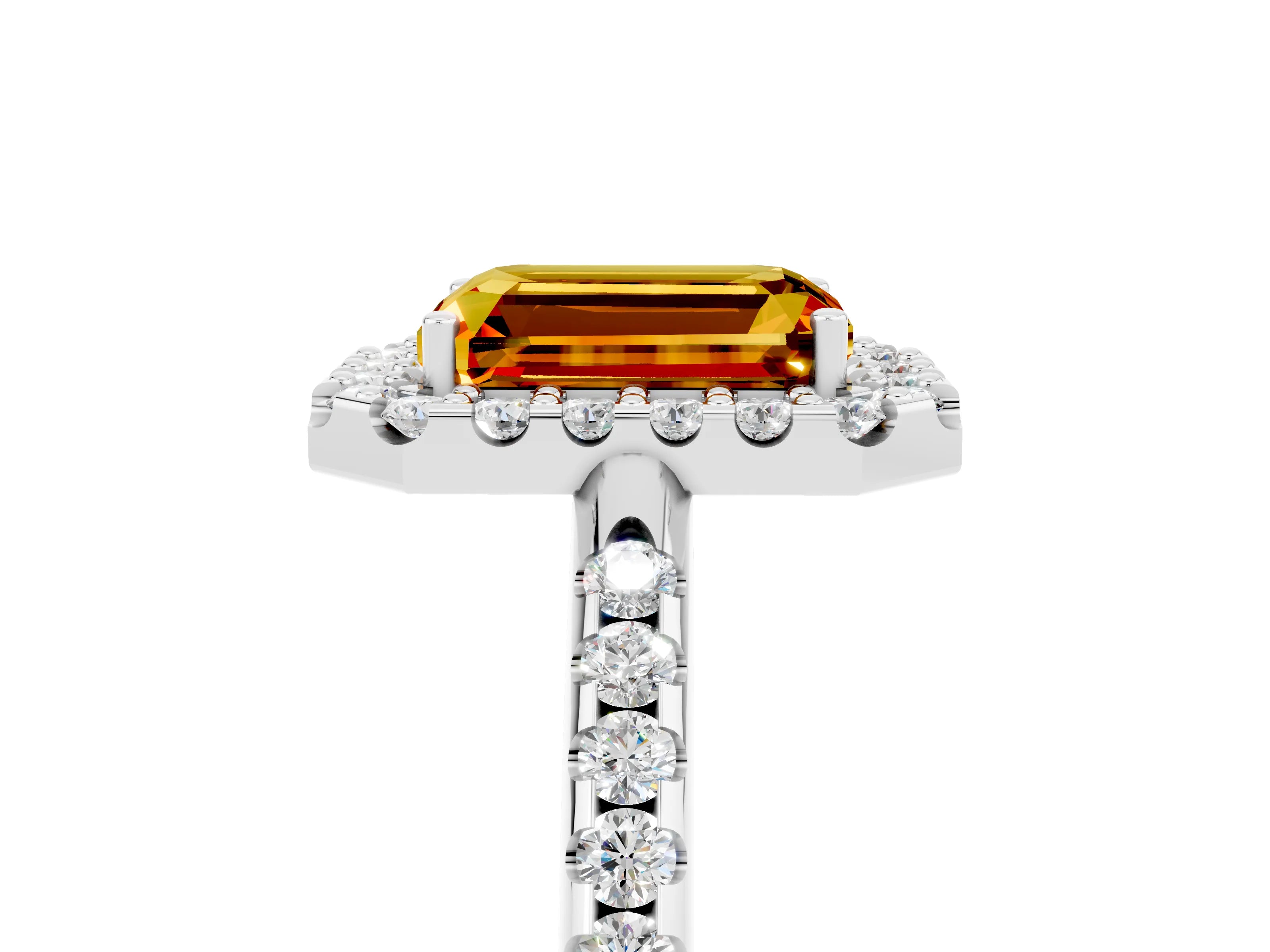 White gold Emerald Cut Citrine Pavé Halo Ring with Four-Prong Setting_17