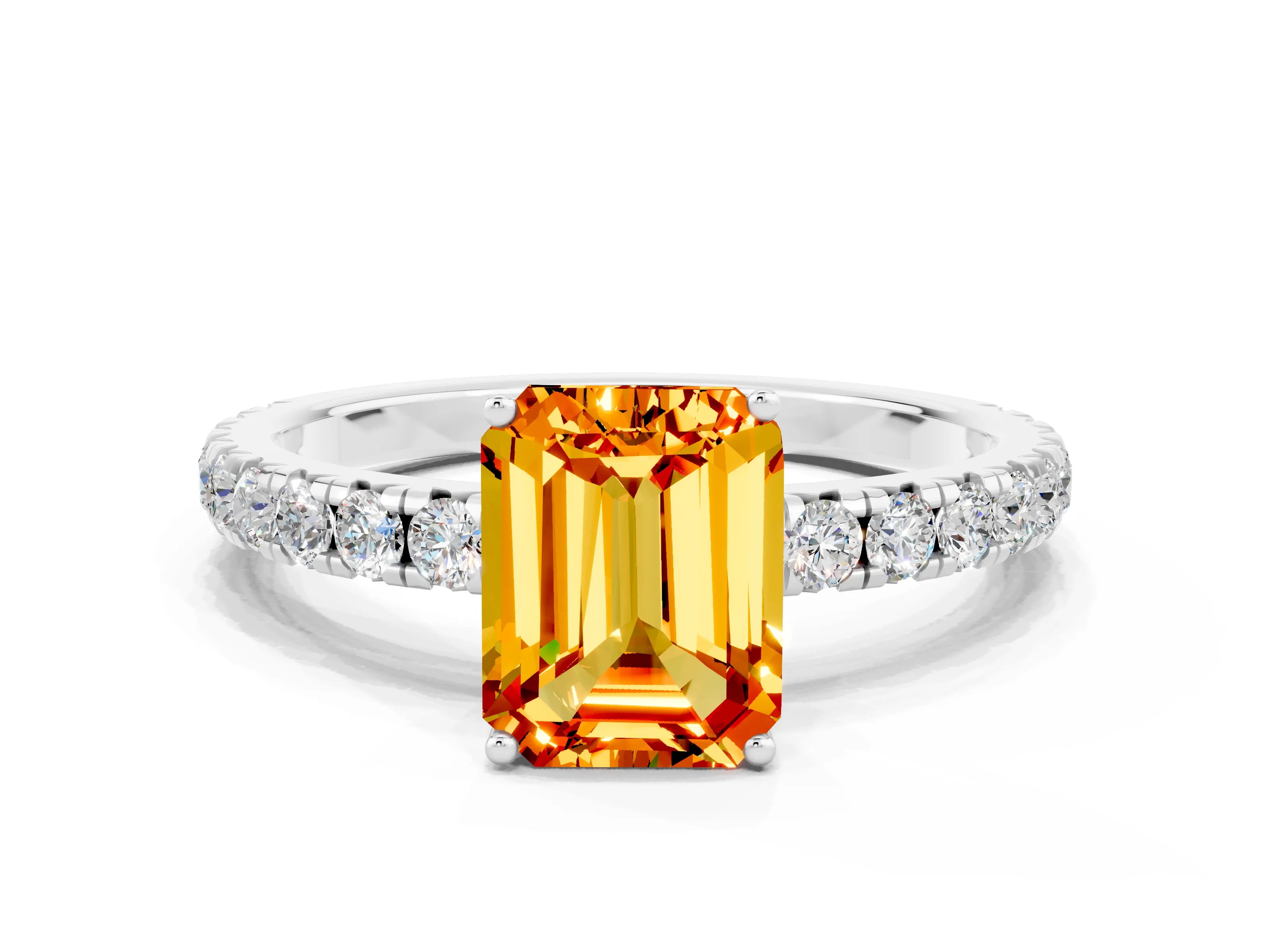 White gold Emerald Cut Citrine Pavé Solitaire Engagement Ring with Four-Prong Setting_12