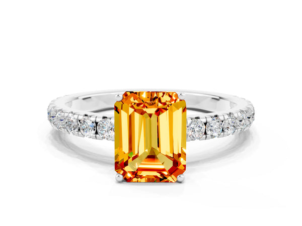 White gold Emerald Cut Citrine Pavé Solitaire Engagement Ring with Four-Prong Setting
