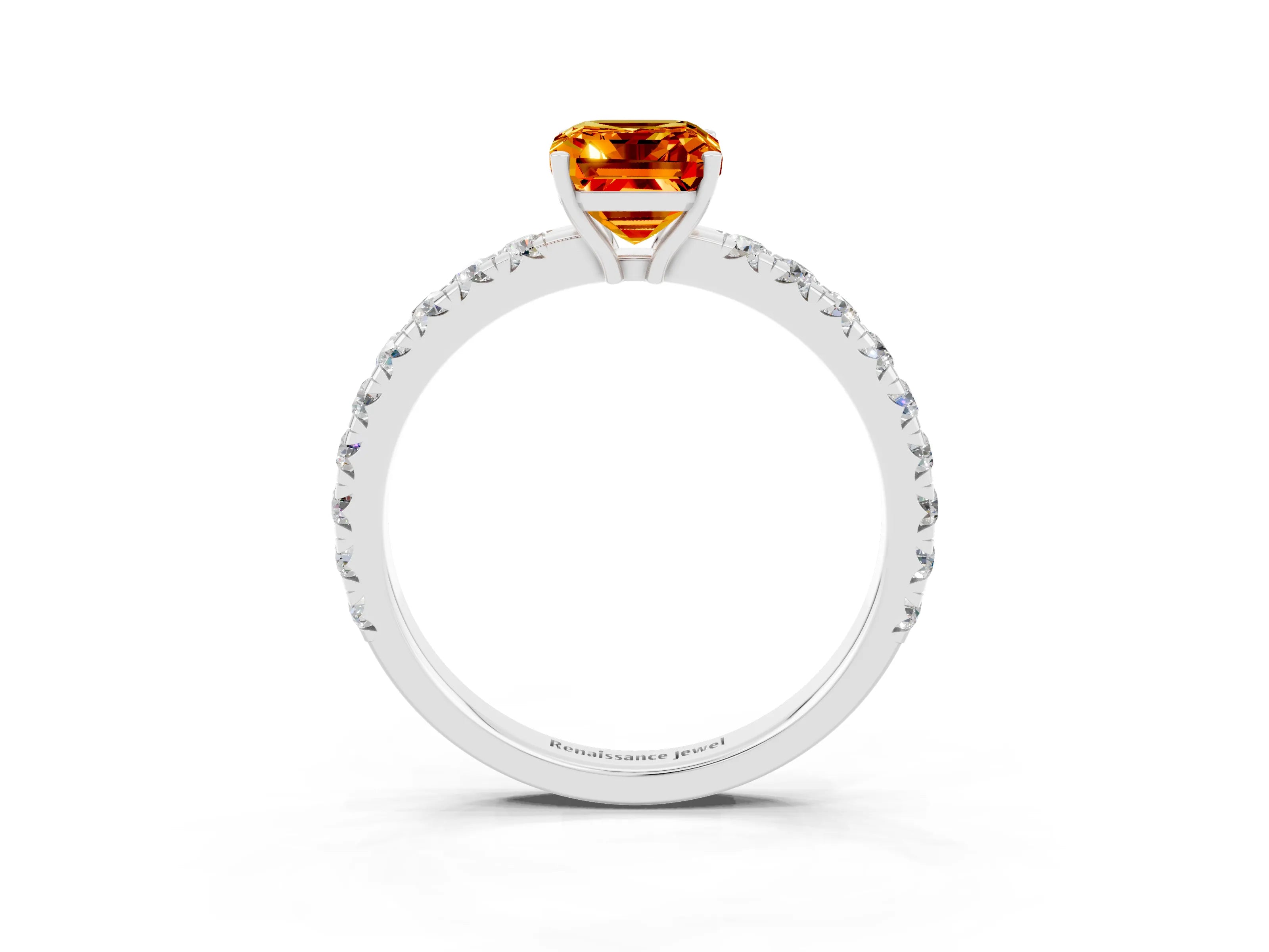 White gold Emerald Cut Citrine Pavé Solitaire Engagement Ring with Four-Prong Setting_15