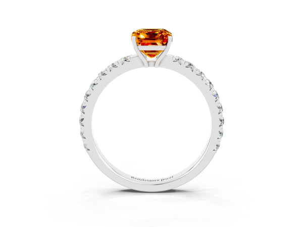 White gold Emerald Cut Citrine Pavé Solitaire Engagement Ring with Four-Prong Setting