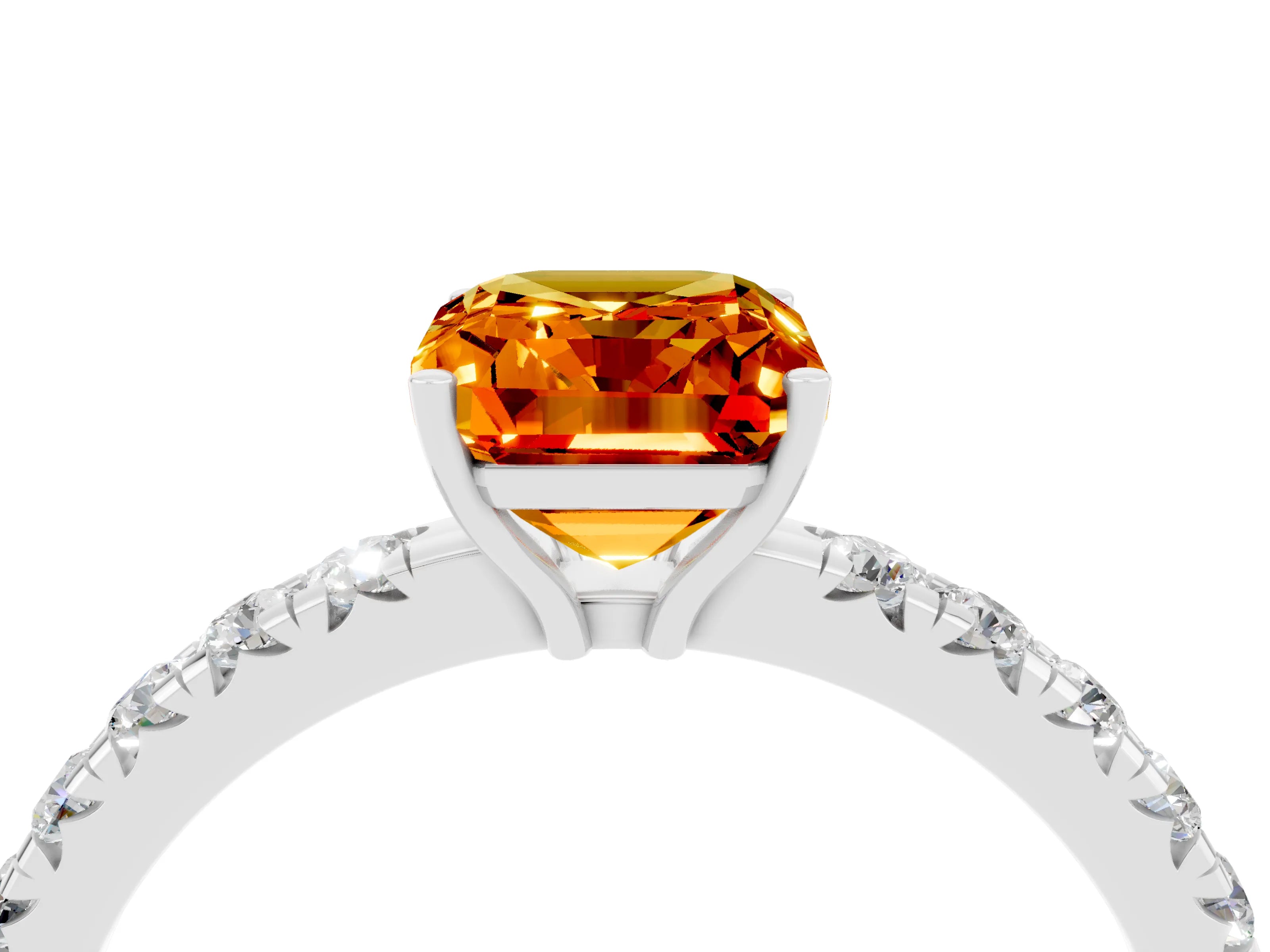White gold Emerald Cut Citrine Pavé Solitaire Engagement Ring with Four-Prong Setting_16
