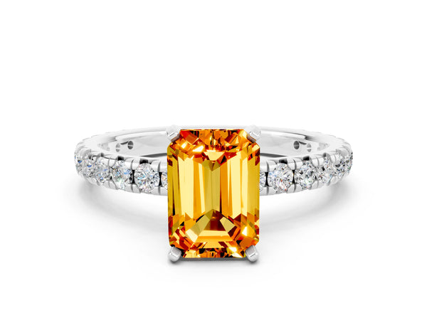 Platinum Emerald Cut Citrine Pavé Solitaire Ring with Round Band and Prong Setting