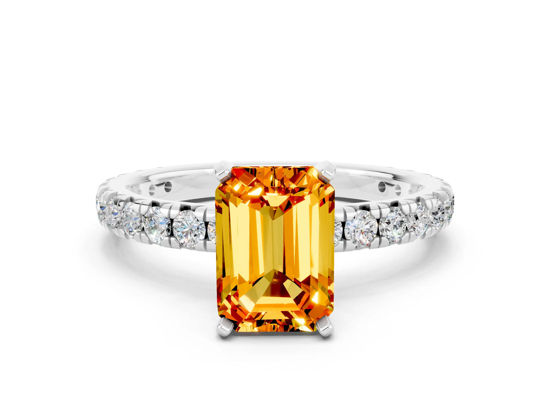 White gold Emerald Cut Citrine Pavé Solitaire Ring with Round Band and Prong Setting_12