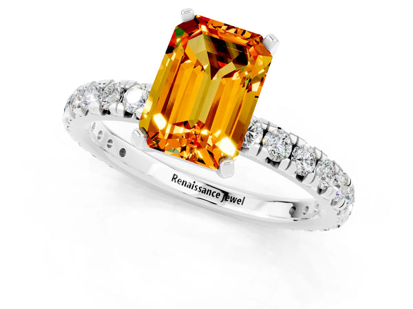 Silver Emerald Cut Citrine Pavé Solitaire Ring with Round Band and Prong Setting