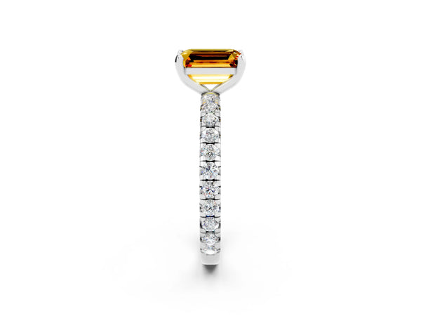 Platinum Emerald Cut Citrine Pavé Solitaire Ring with Round Band and Prong Setting
