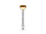 White gold Emerald Cut Citrine Pavé Solitaire Ring with Round Band and Prong Setting_14
