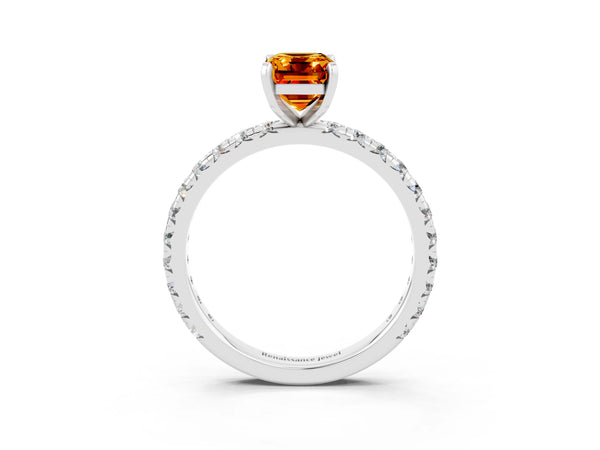 Platinum Emerald Cut Citrine Pavé Solitaire Ring with Round Band and Prong Setting
