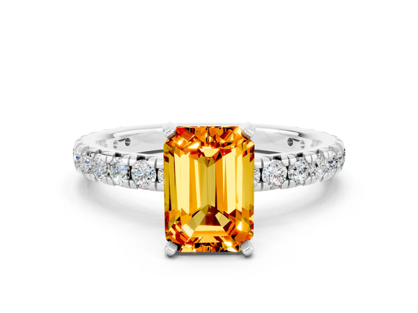 White gold Emerald Cut Citrine Pavé Solitaire Ring with Round Band and Prong Setting