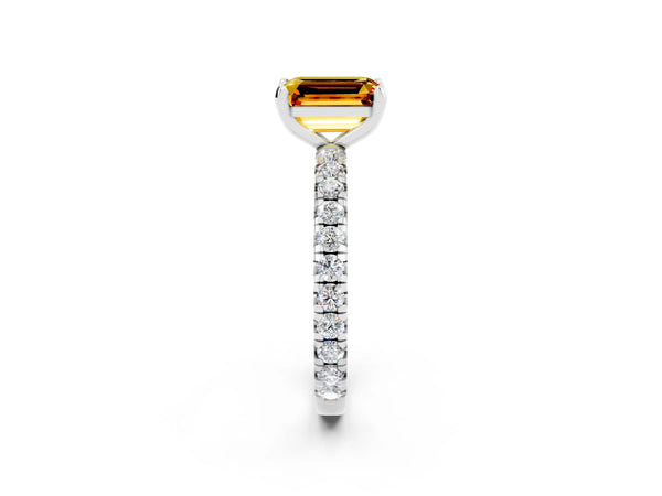 White gold Emerald Cut Citrine Pavé Solitaire Ring with Round Band and Prong Setting