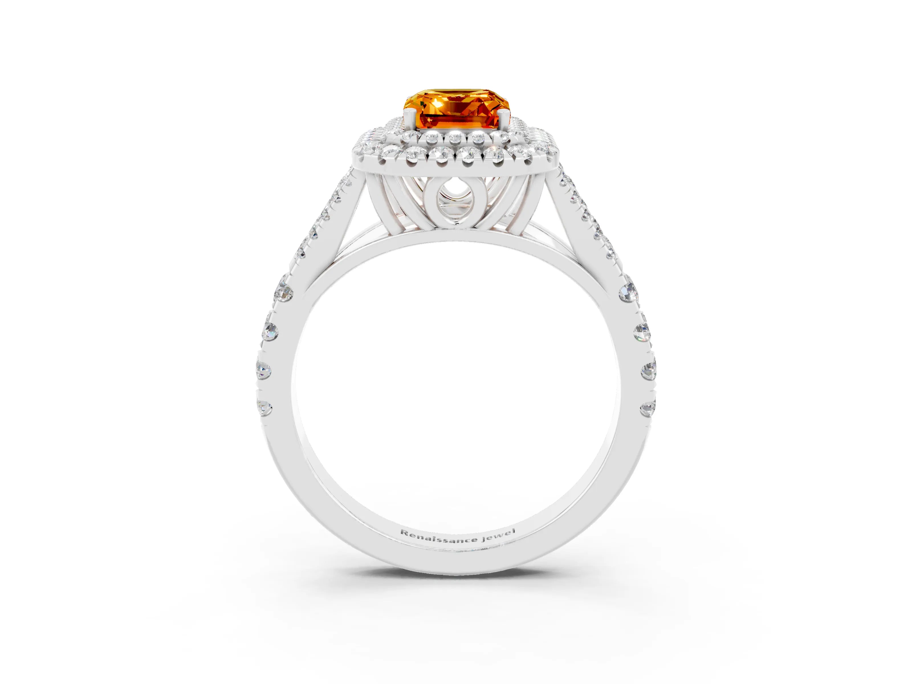 White gold Emerald Cut Citrine Pavé Split Shank Double Halo Engagement Ring_10