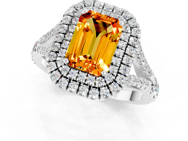 Silver Emerald Cut Citrine Pavé Split Shank Double Halo Engagement Ring