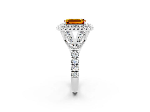 White gold Emerald Cut Citrine Pavé Split Shank Double Halo Engagement Ring_26