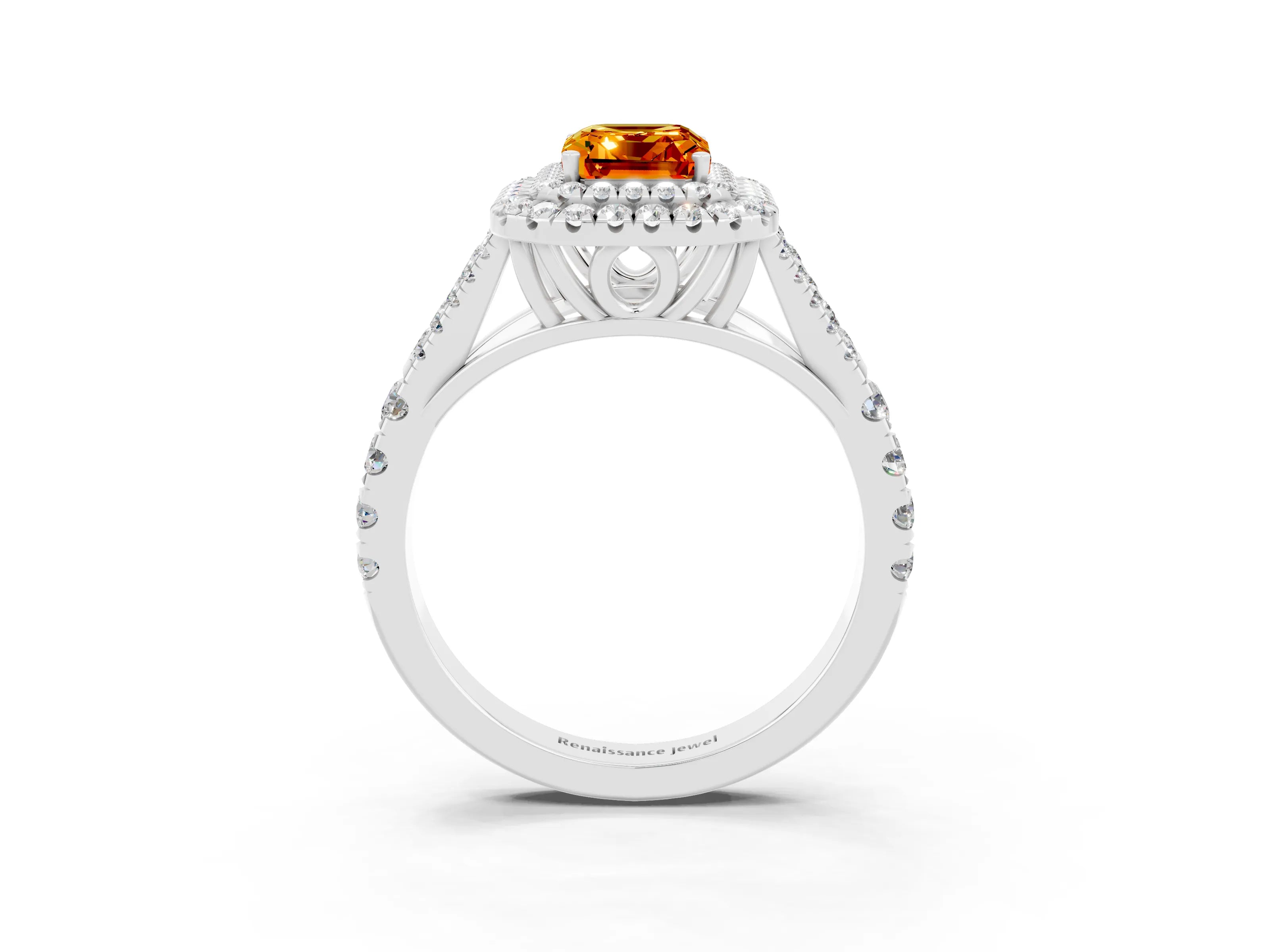 White gold Emerald Cut Citrine Pavé Split Shank Double Halo Engagement Ring_27