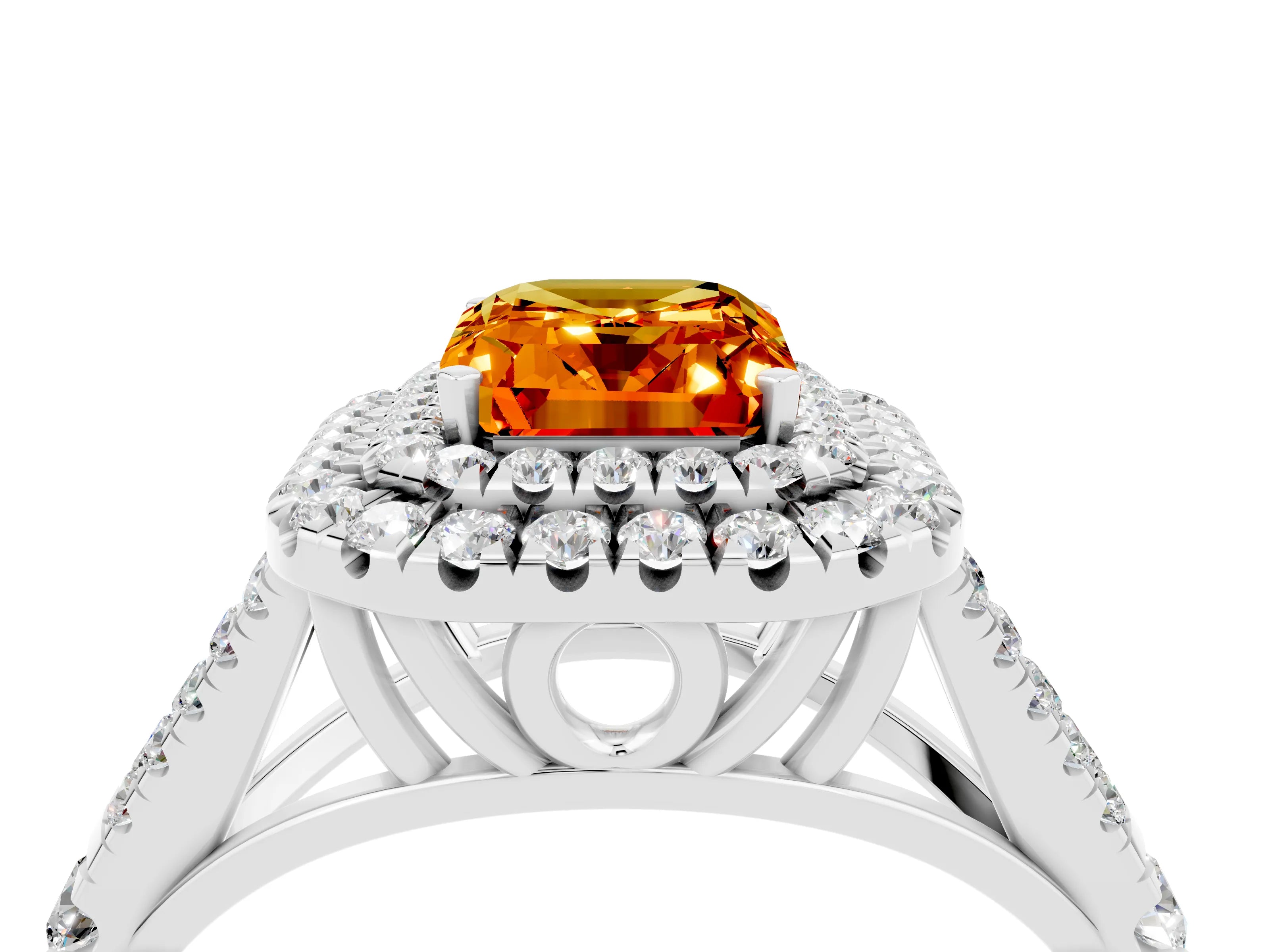 White gold Emerald Cut Citrine Pavé Split Shank Double Halo Engagement Ring_28