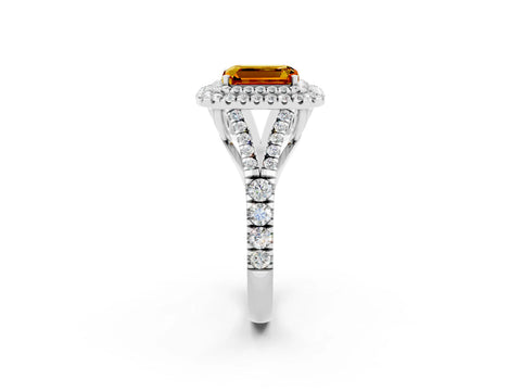 White gold Emerald Cut Citrine Pavé Split Shank Double Halo Engagement Ring_9