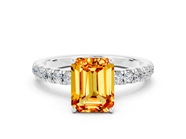 Platinum Emerald Cut Citrine Pave Band Solitaire Ring with Round  and Prong Setting