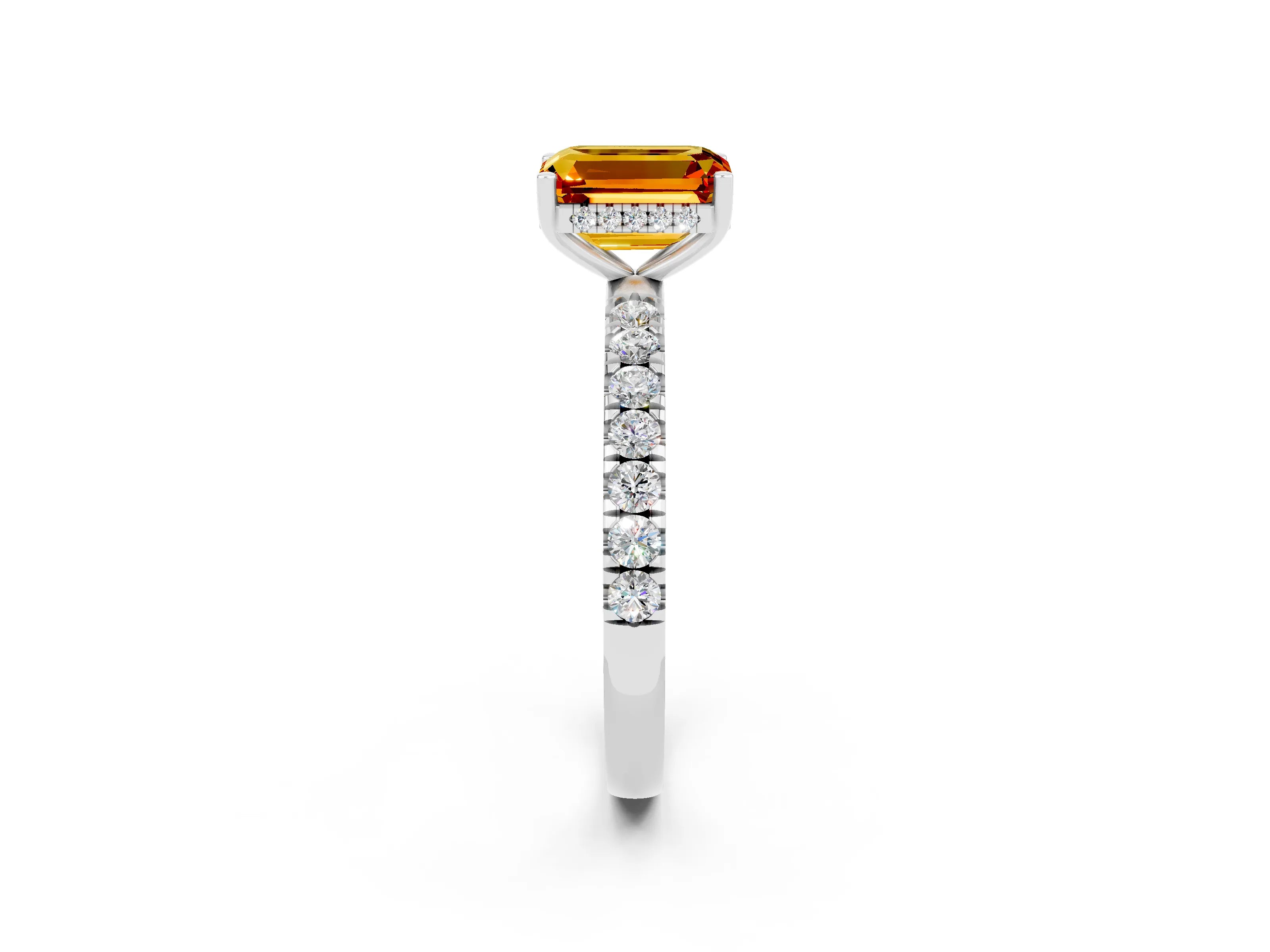 White gold Emerald Cut Citrine Pave Band Solitaire Ring with Four-Prong Setting_26