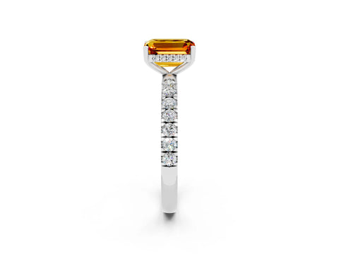 White gold Emerald Cut Citrine Pave Band Solitaire Ring with Four-Prong Setting_26