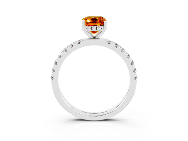 Platinum Emerald Cut Citrine Pave Band Solitaire Ring with Round  and Prong Setting