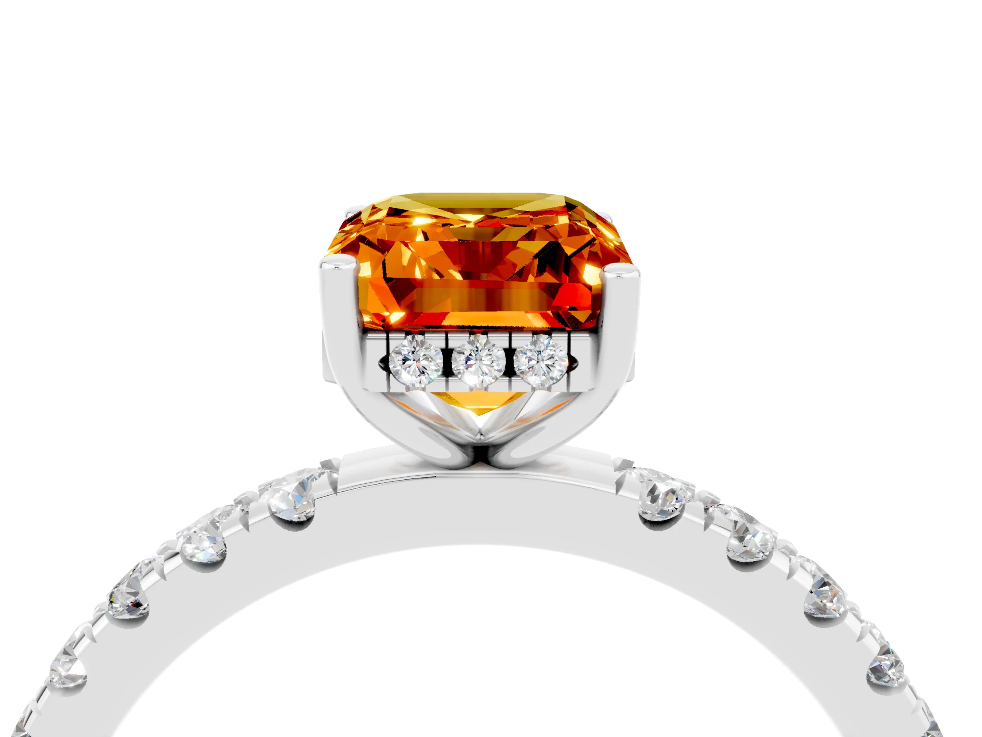 White gold Emerald Cut Citrine Pave Band Solitaire Ring with Four-Prong Setting_28
