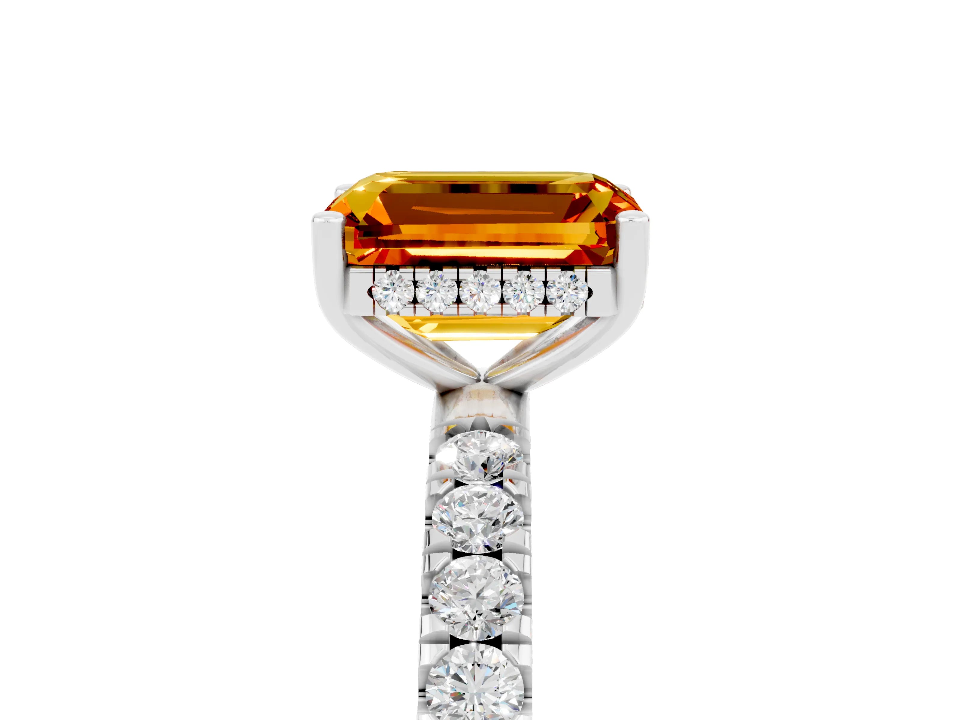 White gold Emerald Cut Citrine Pave Band Solitaire Ring with Four-Prong Setting_29