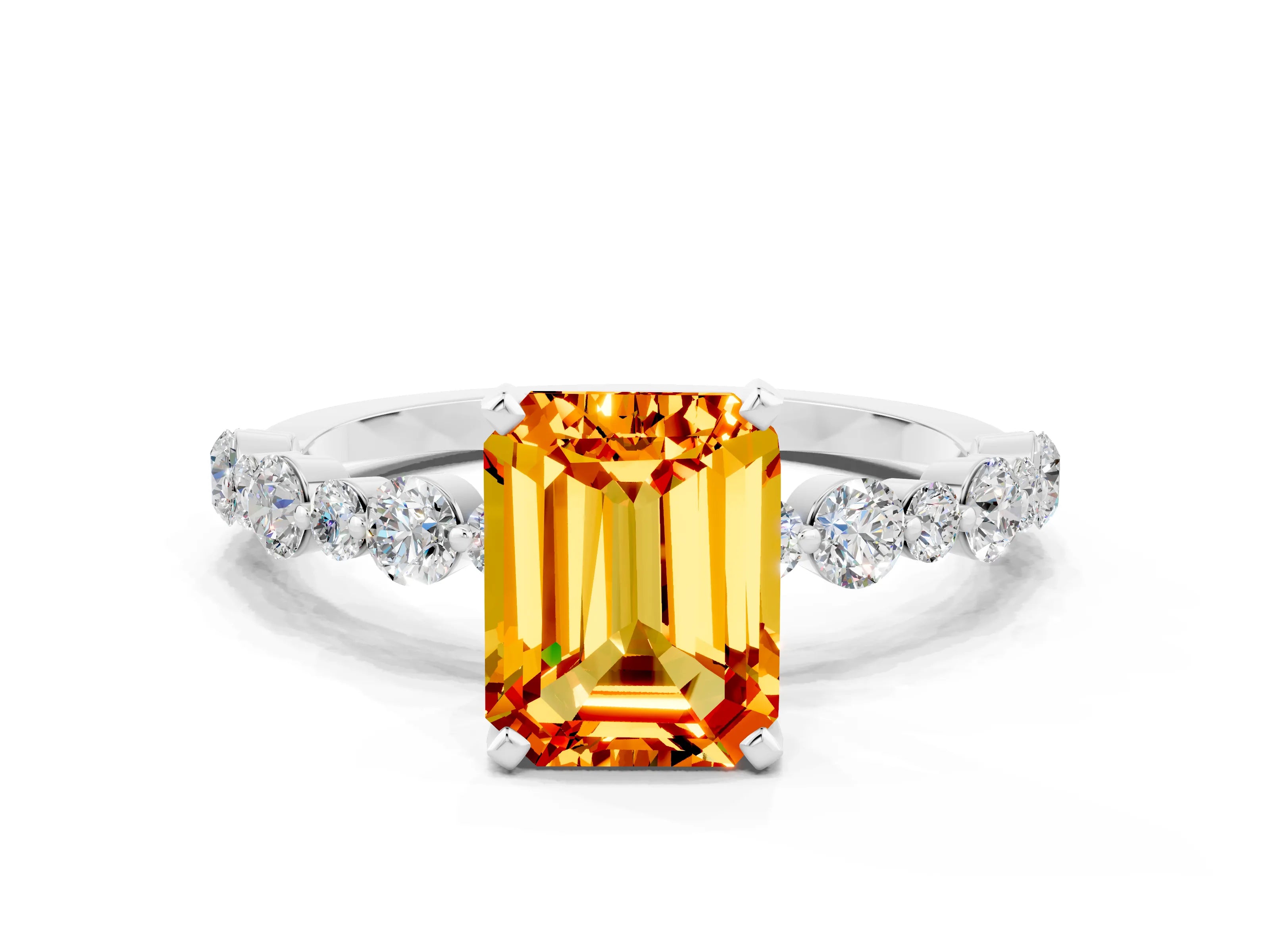White gold Emerald Cut Citrine Prong Set Engagement Ring with Pavé Band_12