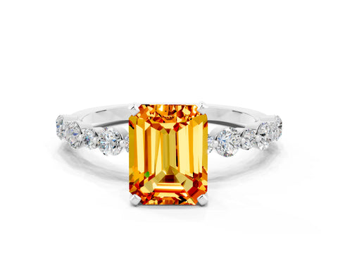 White gold Emerald Cut Citrine Prong Set Engagement Ring with Pavé Band_12