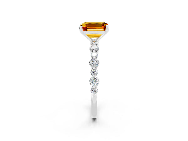 Silver Emerald Cut Citrine Prong Set Engagement Ring with Pavé Band