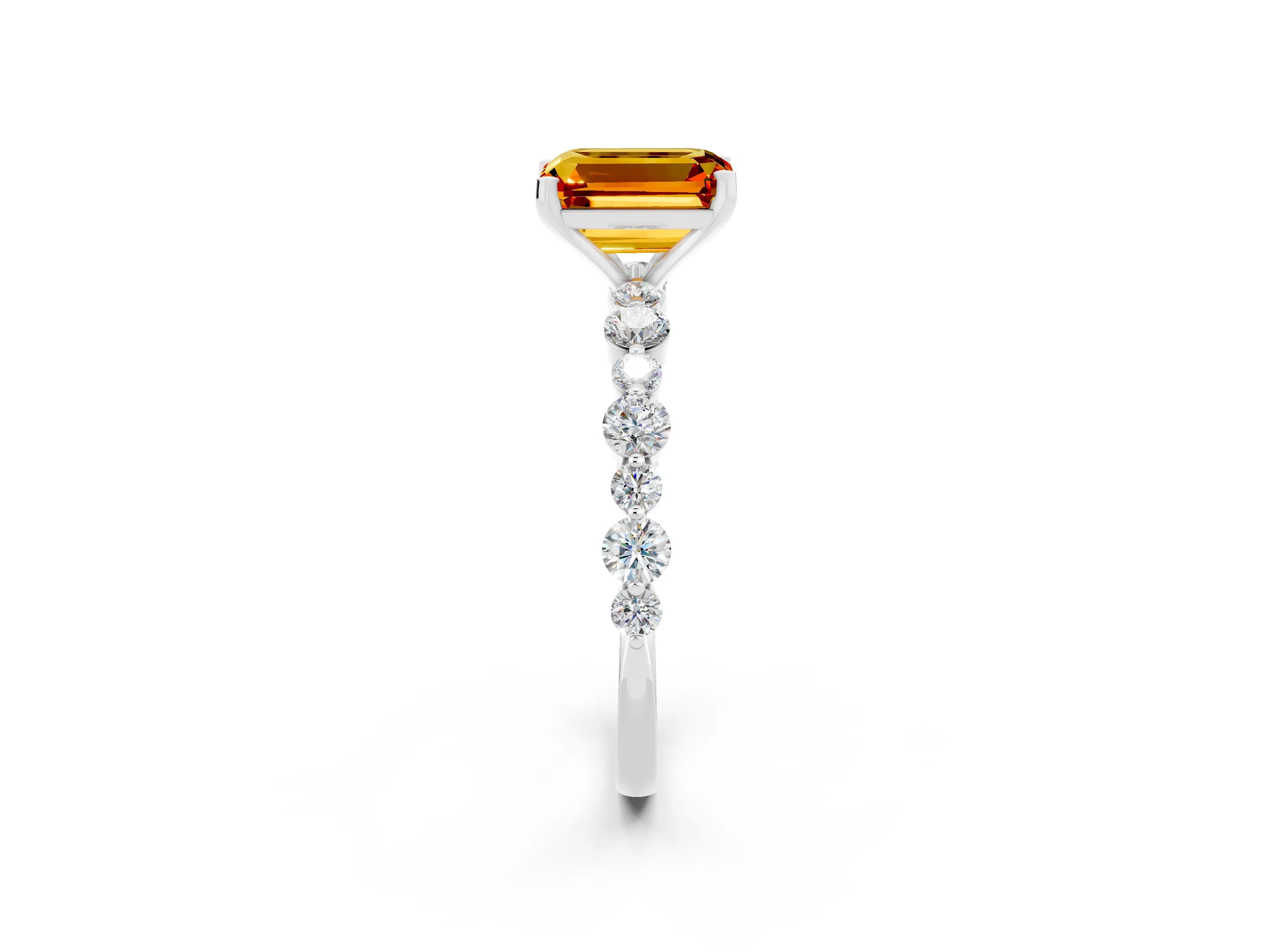 White gold Emerald Cut Citrine Prong Set Engagement Ring with Pavé Band_14