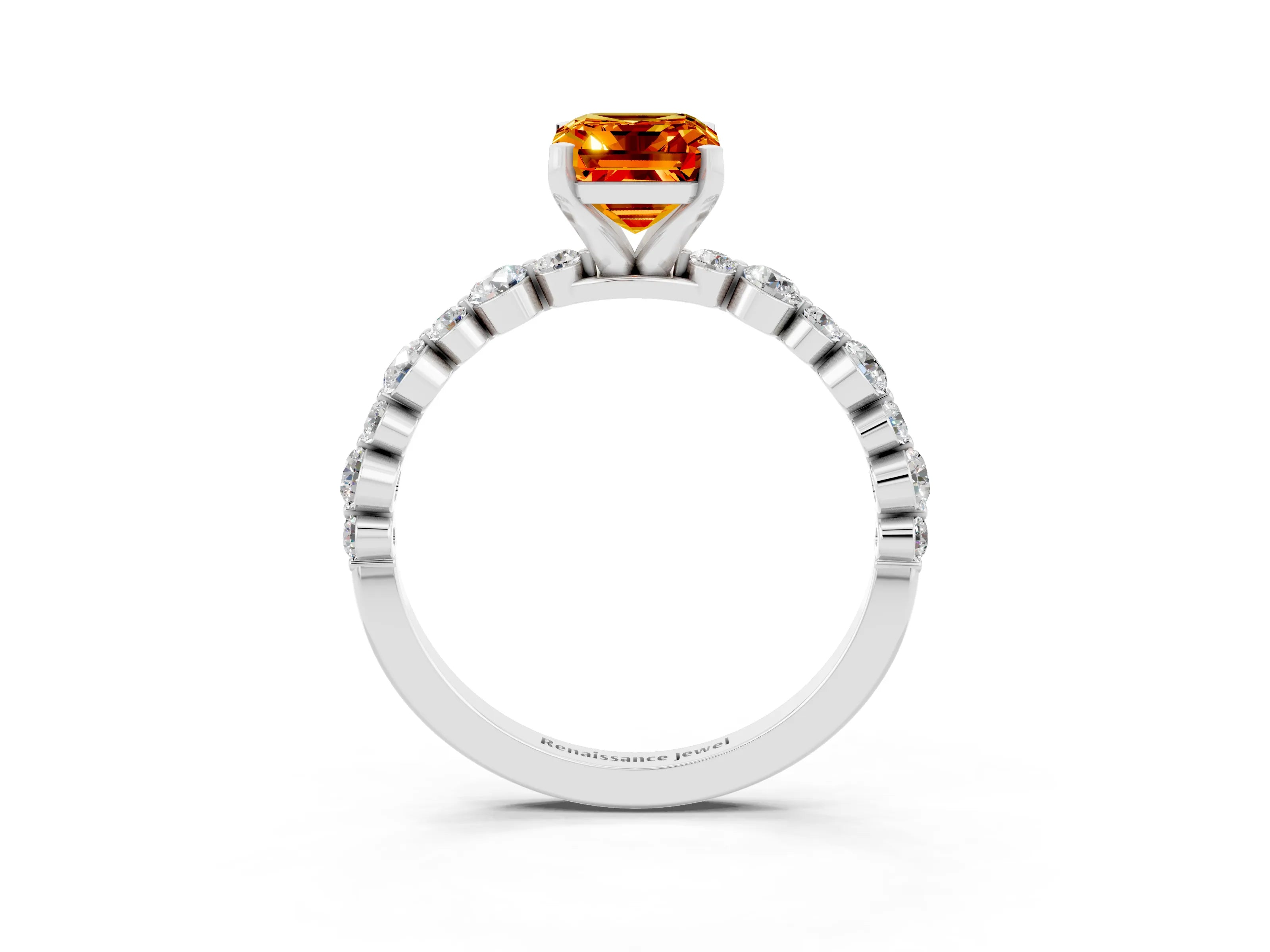 White gold Emerald Cut Citrine Prong Set Engagement Ring with Pavé Band_15