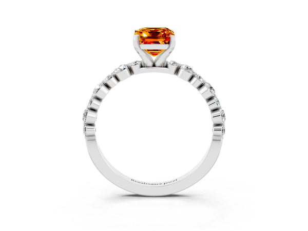 Silver Emerald Cut Citrine Prong Set Engagement Ring with Pavé Band