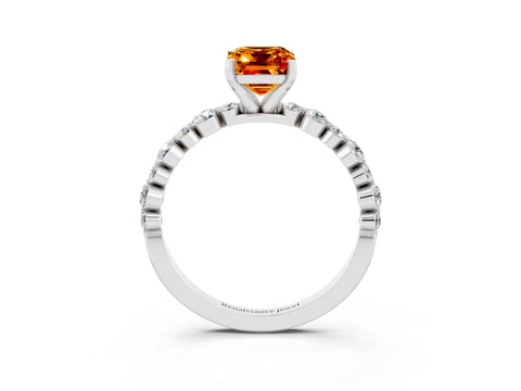 White gold Emerald Cut Citrine Prong Set Engagement Ring with Pavé Band_15