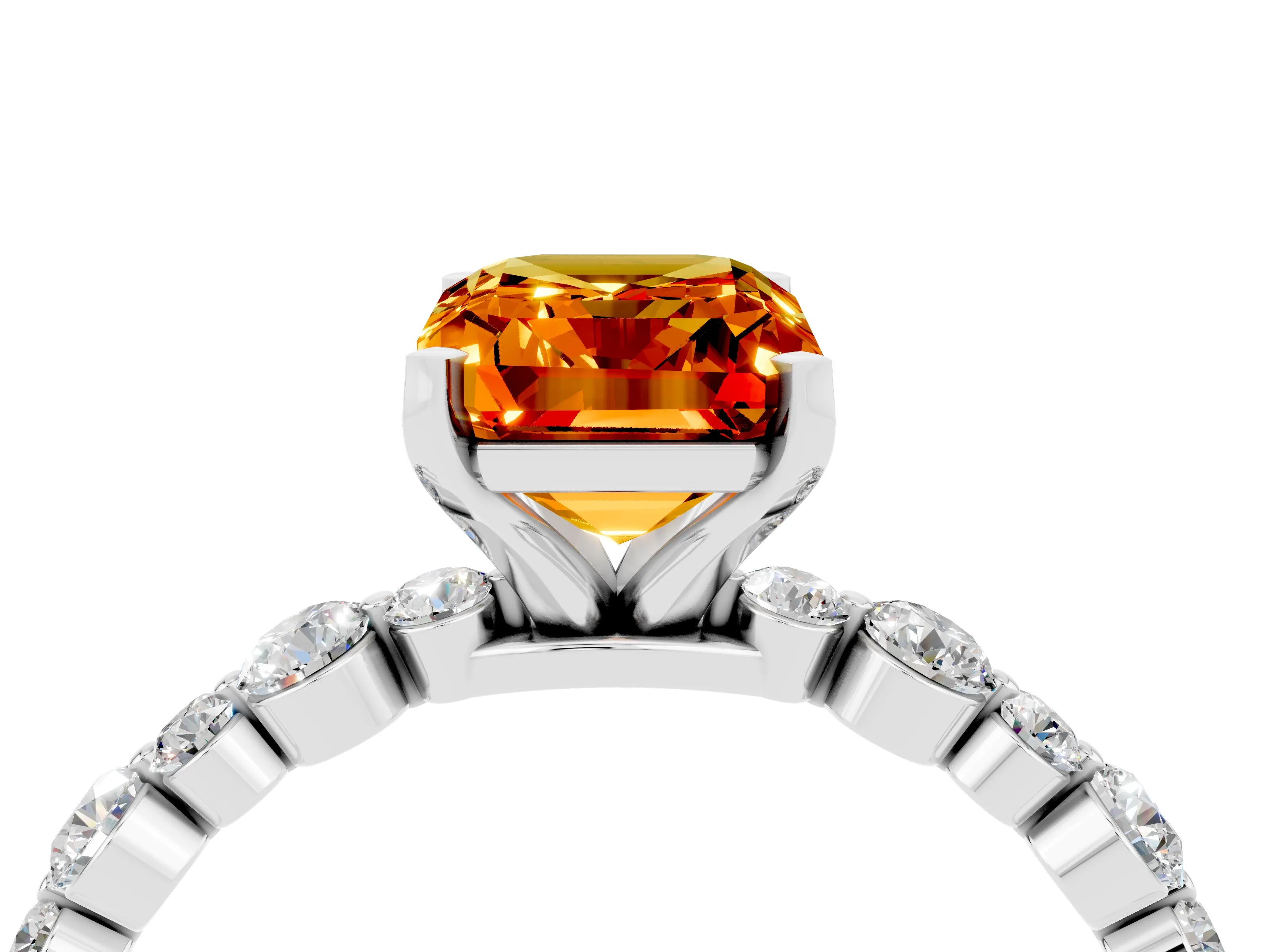 White gold Emerald Cut Citrine Prong Set Engagement Ring with Pavé Band_16