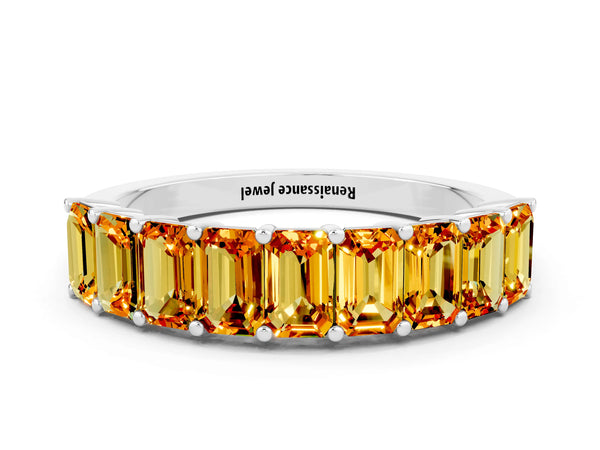 Platinum Emerald Cut Citrine Prong-Set Eternity Band