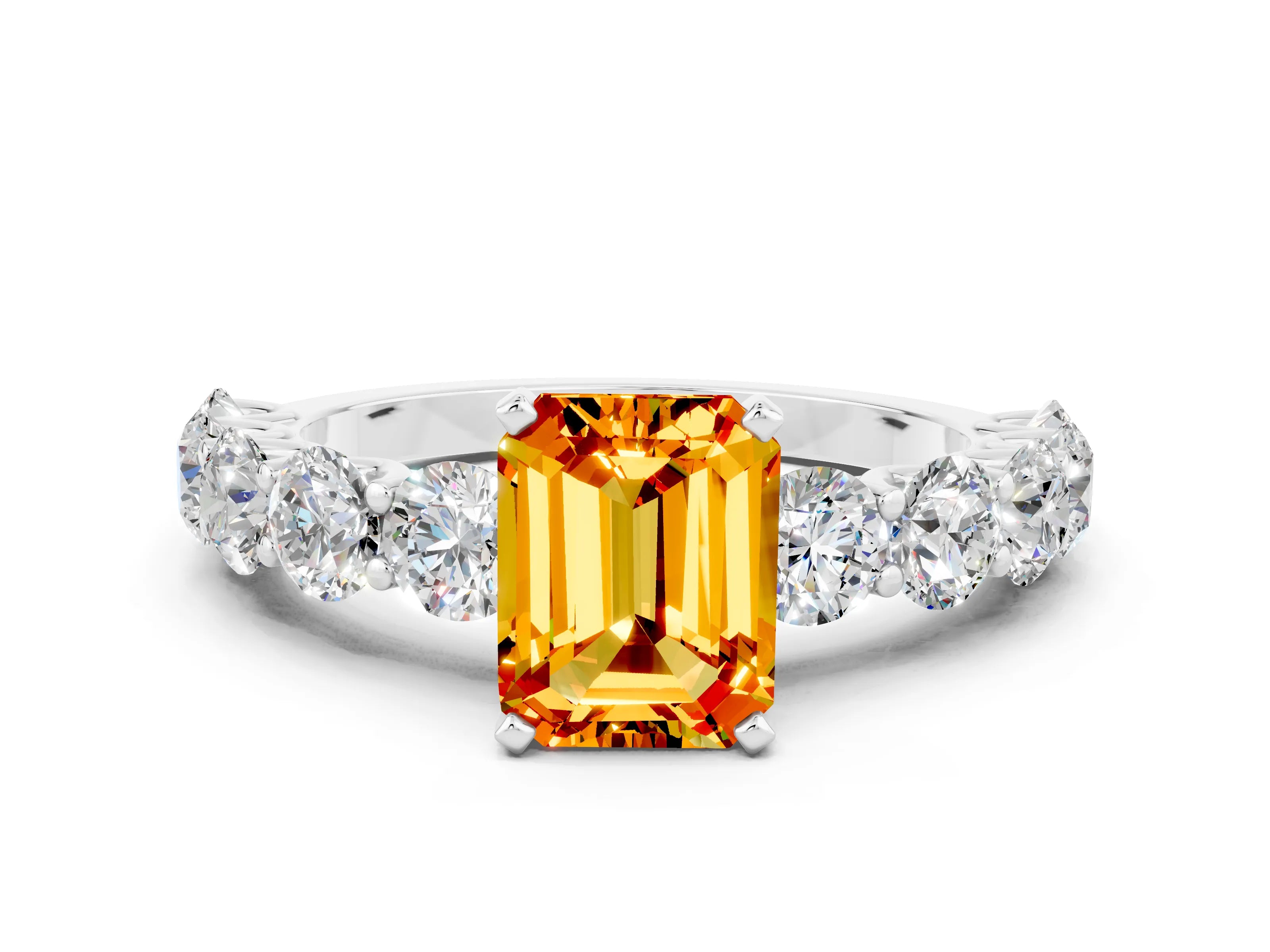 White gold Emerald Cut Citrine Prong Setting with Side Stones on a Pave Band