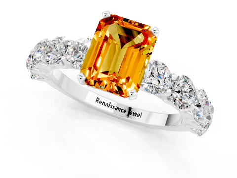 White gold Emerald Cut Citrine Prong Setting with Side Stones on a Pave Band_1