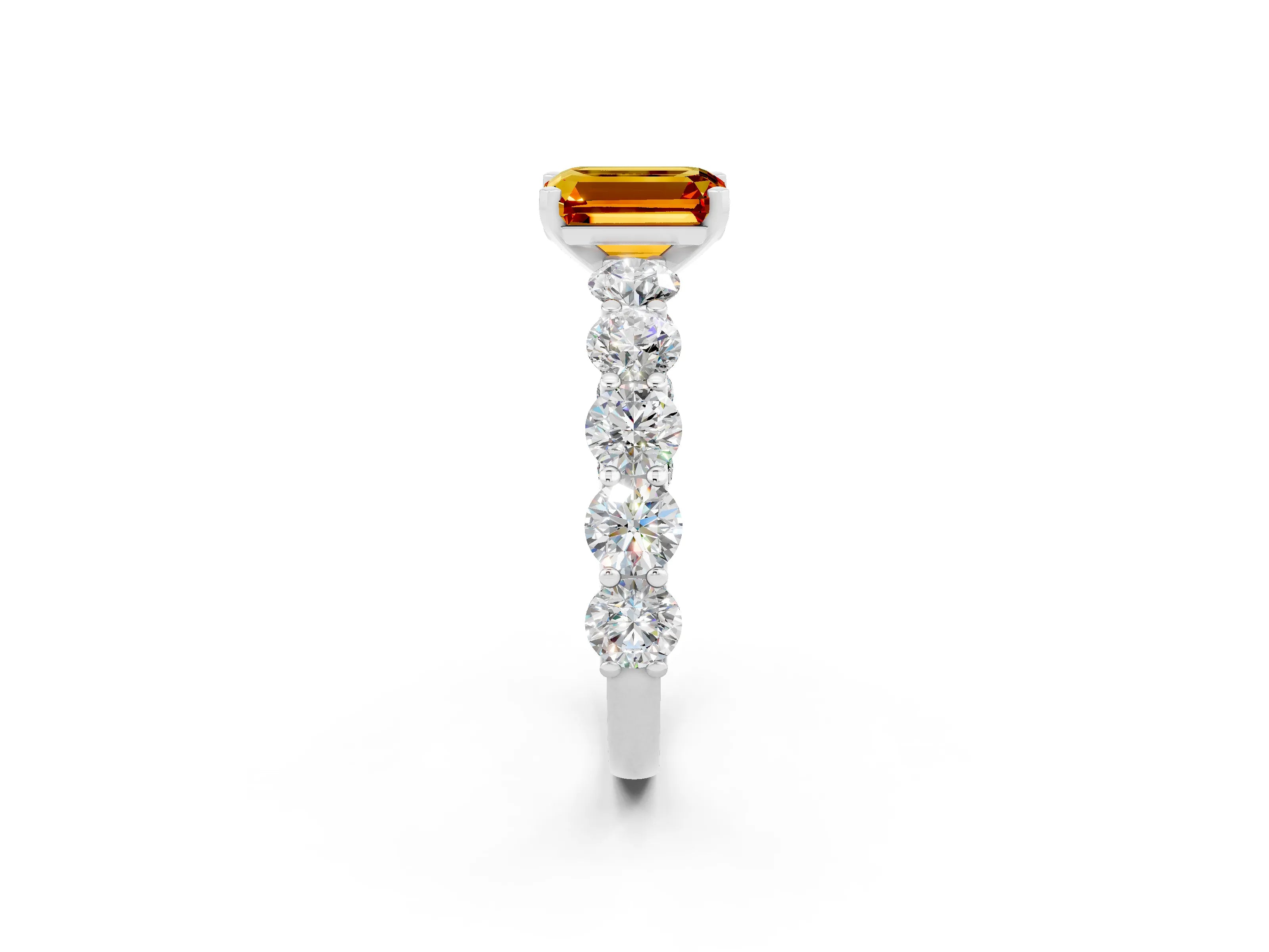 White gold Emerald Cut Citrine Prong Setting with Side Stones on a Pave Band_2