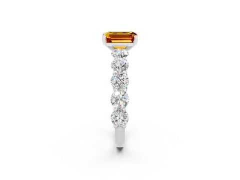 White gold Emerald Cut Citrine Prong Setting with Side Stones on a Pave Band_2