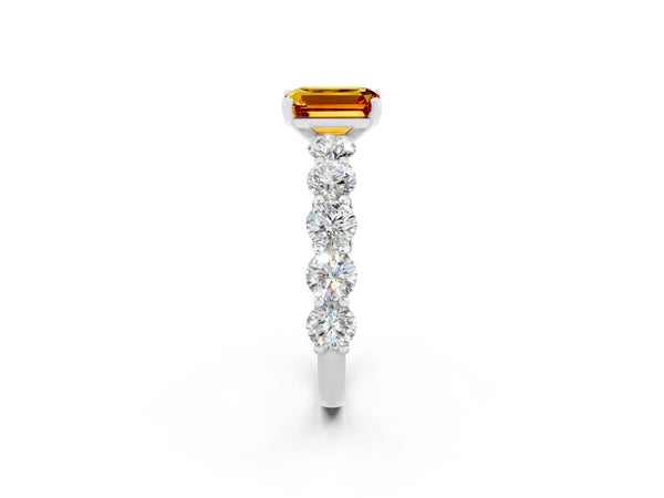 Silver Emerald Cut Citrine Prong Setting with Side Stones on a Pave Band