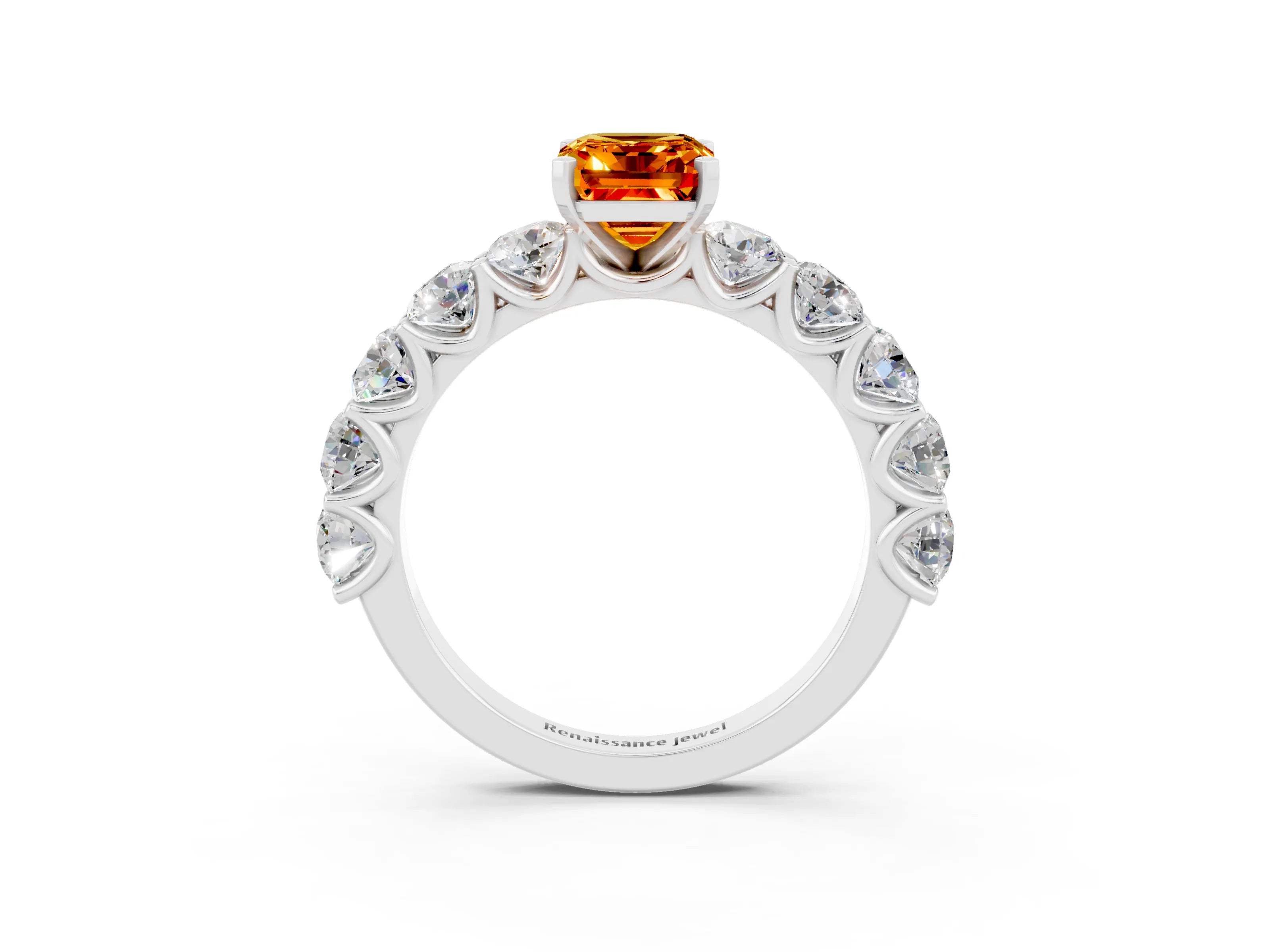 White gold Emerald Cut Citrine Prong Setting with Side Stones on a Pave Band_3