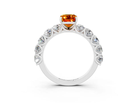 White gold Emerald Cut Citrine Prong Setting with Side Stones on a Pave Band_3