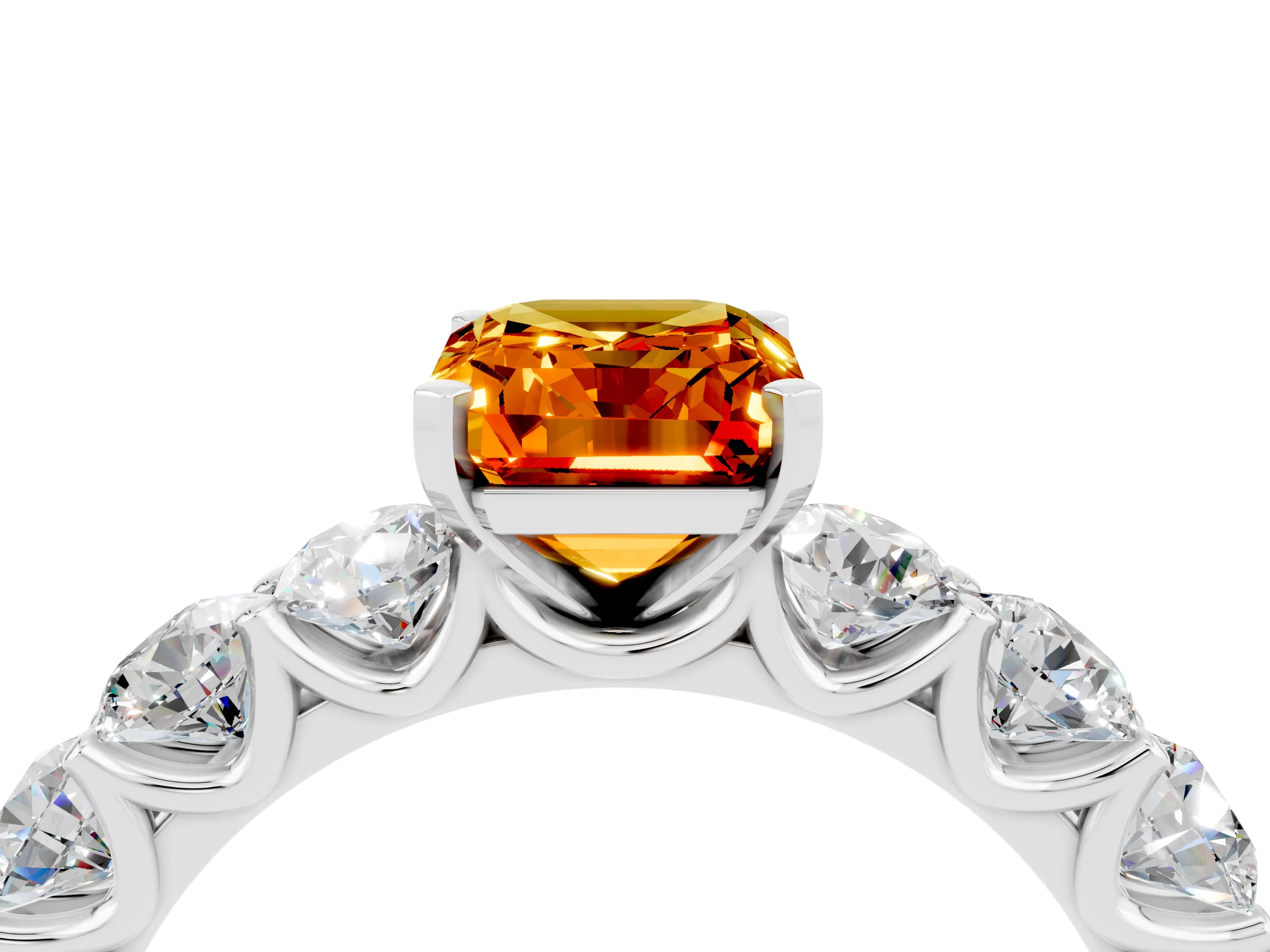 White gold Emerald Cut Citrine Prong Setting with Side Stones on a Pave Band_4